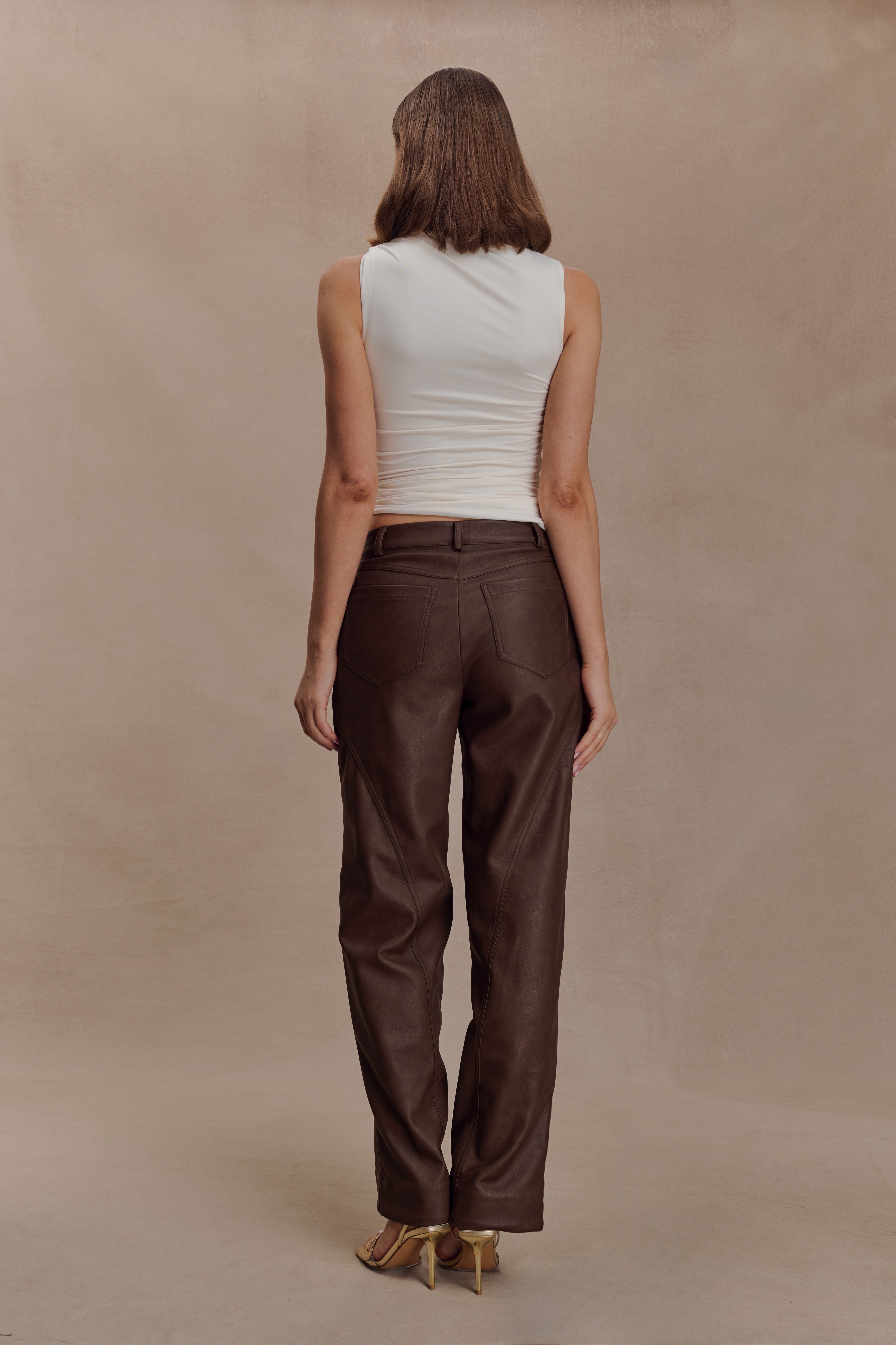 Theo Faux Leather Mid Rise Pants - Dark Chocolate