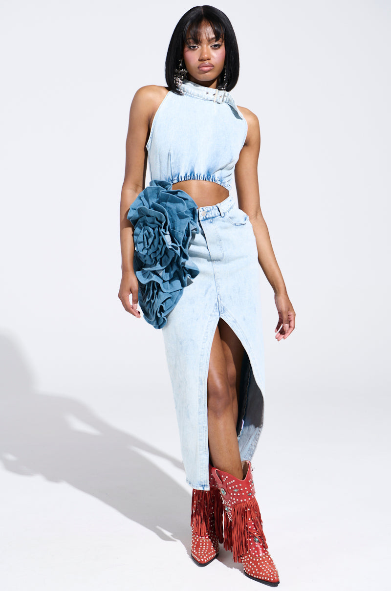 PEEKABOO DENIM MIDI DRESS