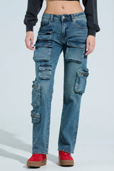 ALL OVER POCKET DETAIL RELAXED FIT JEANS IN MEDIUM BLUE DENIM