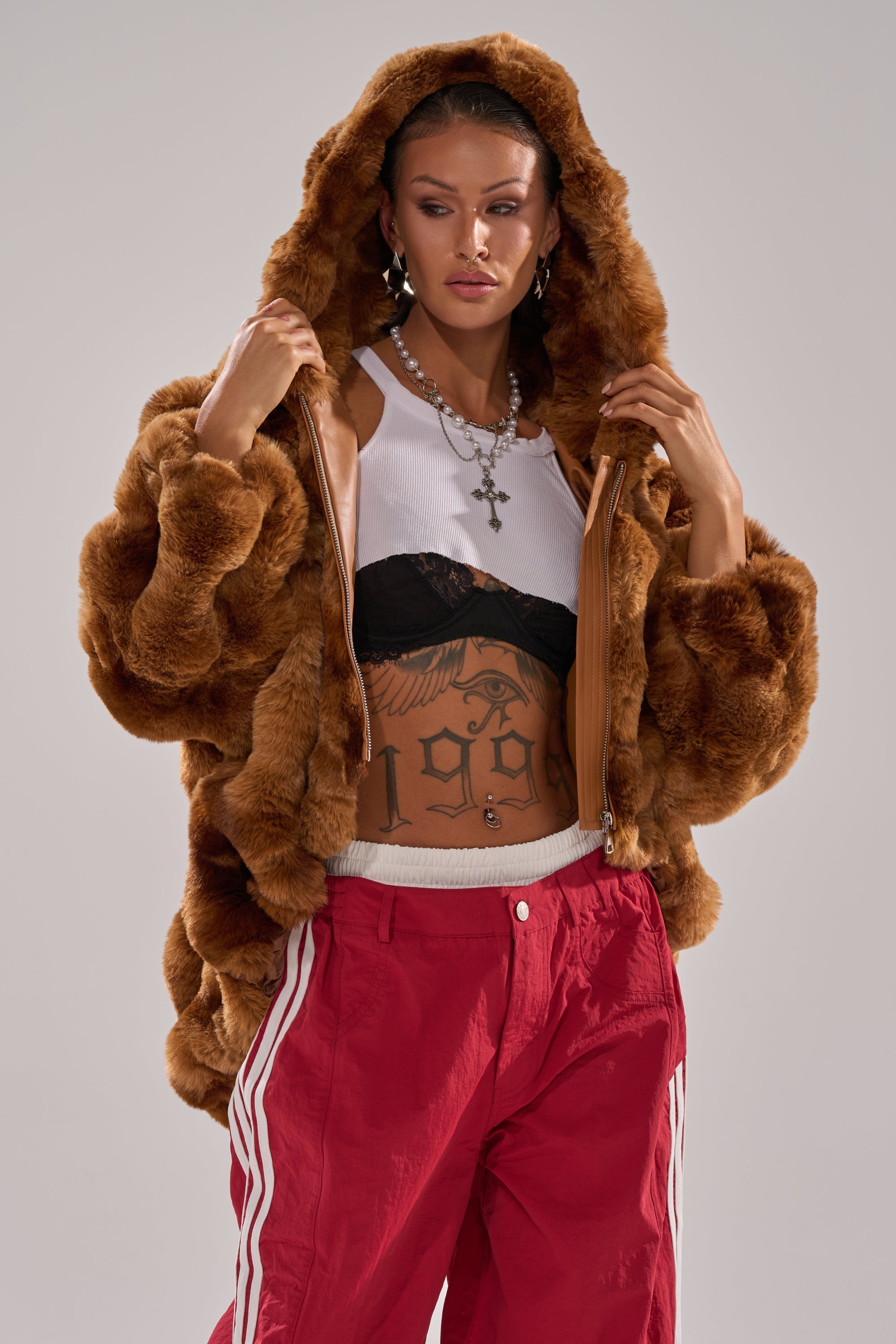 LOOK AT ME NOW HOODED FUR BOMBER IN BROWN
