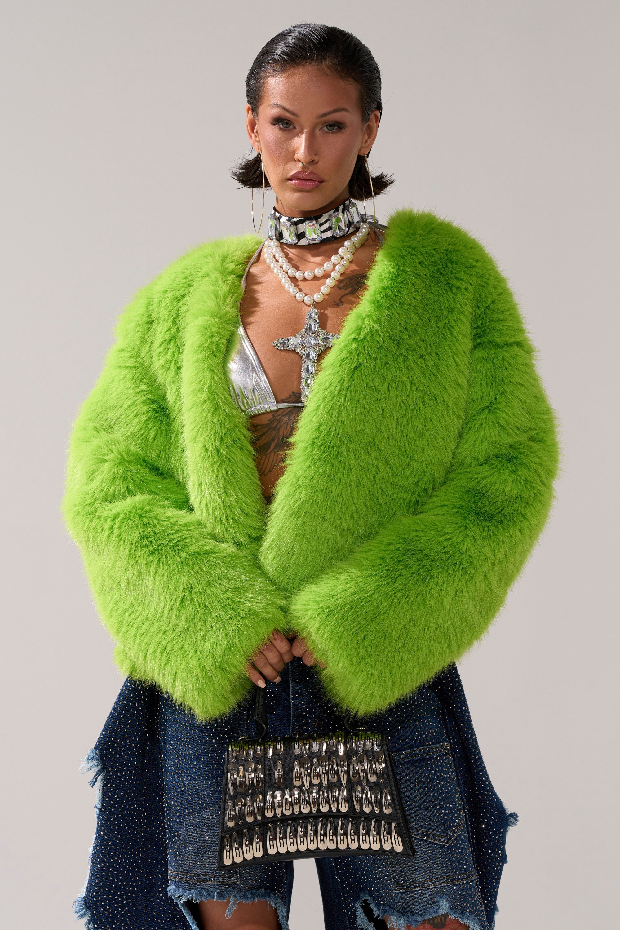SLIME TIME FAUX FUR COAT IN LIME