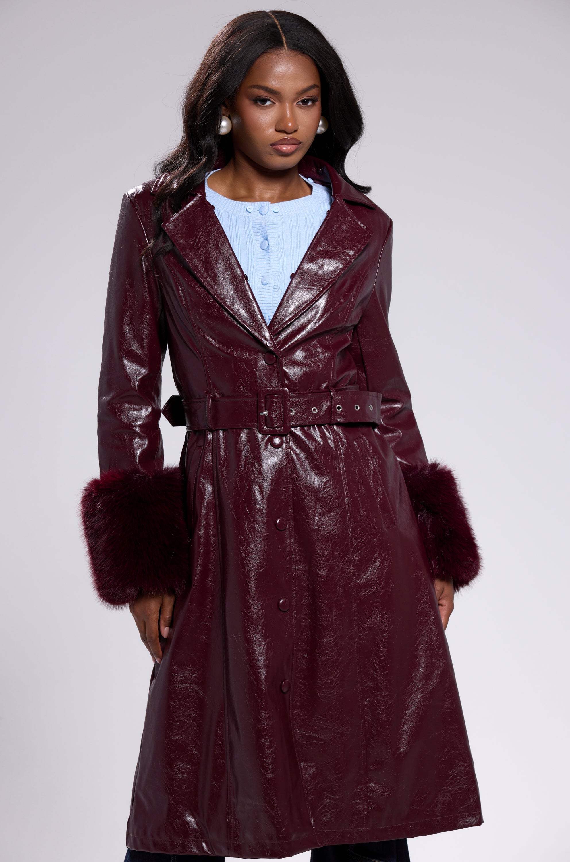 KAYA FUR TRIM TRENCH IN BURGUNDY