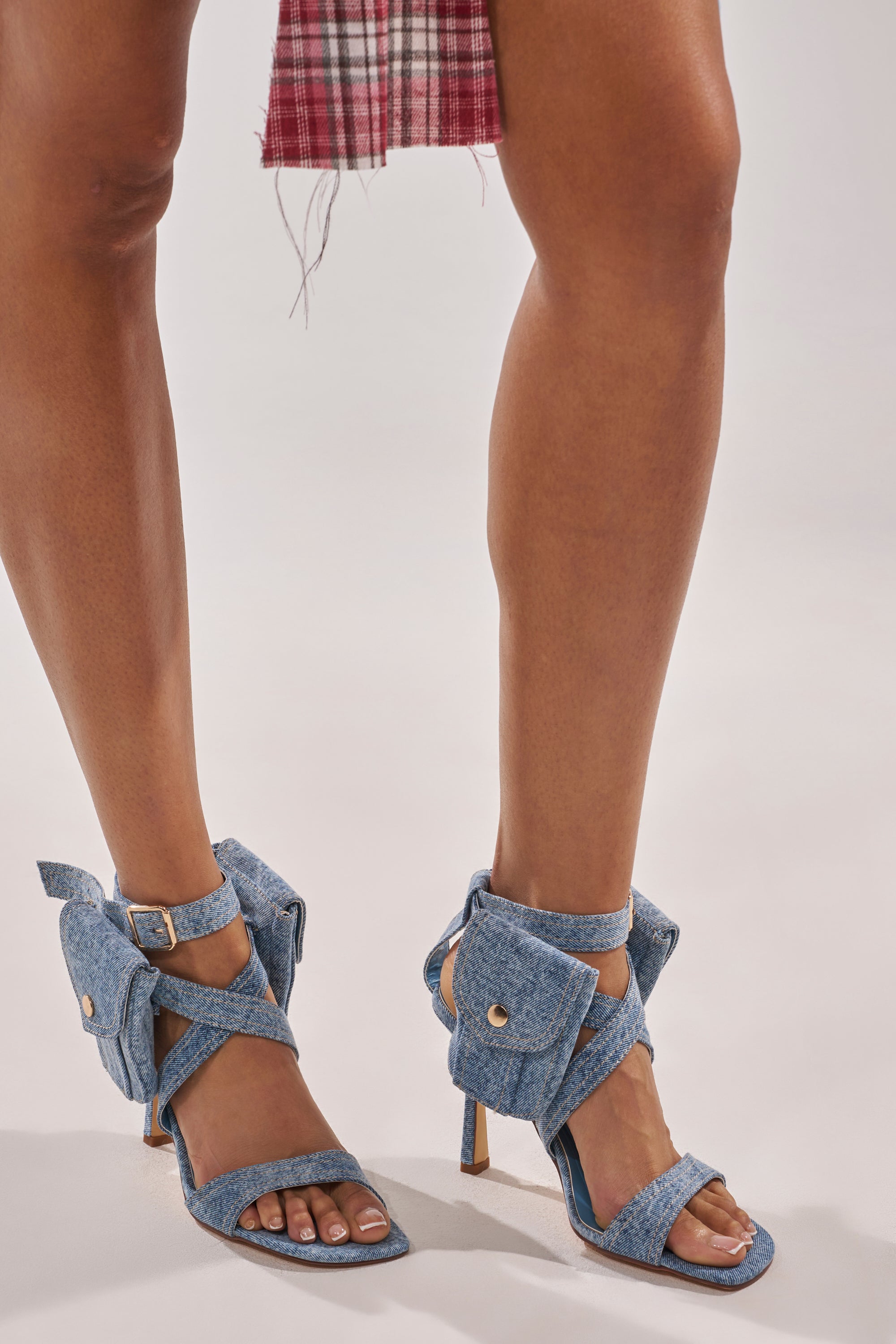 AKIRA GOLD KERSHAW DENIM POCKET STILETTO STRAP SANDAL