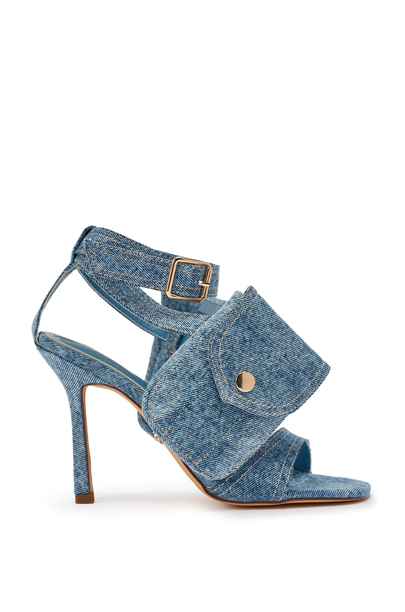 AKIRA GOLD KERSHAW DENIM POCKET STILETTO STRAP SANDAL