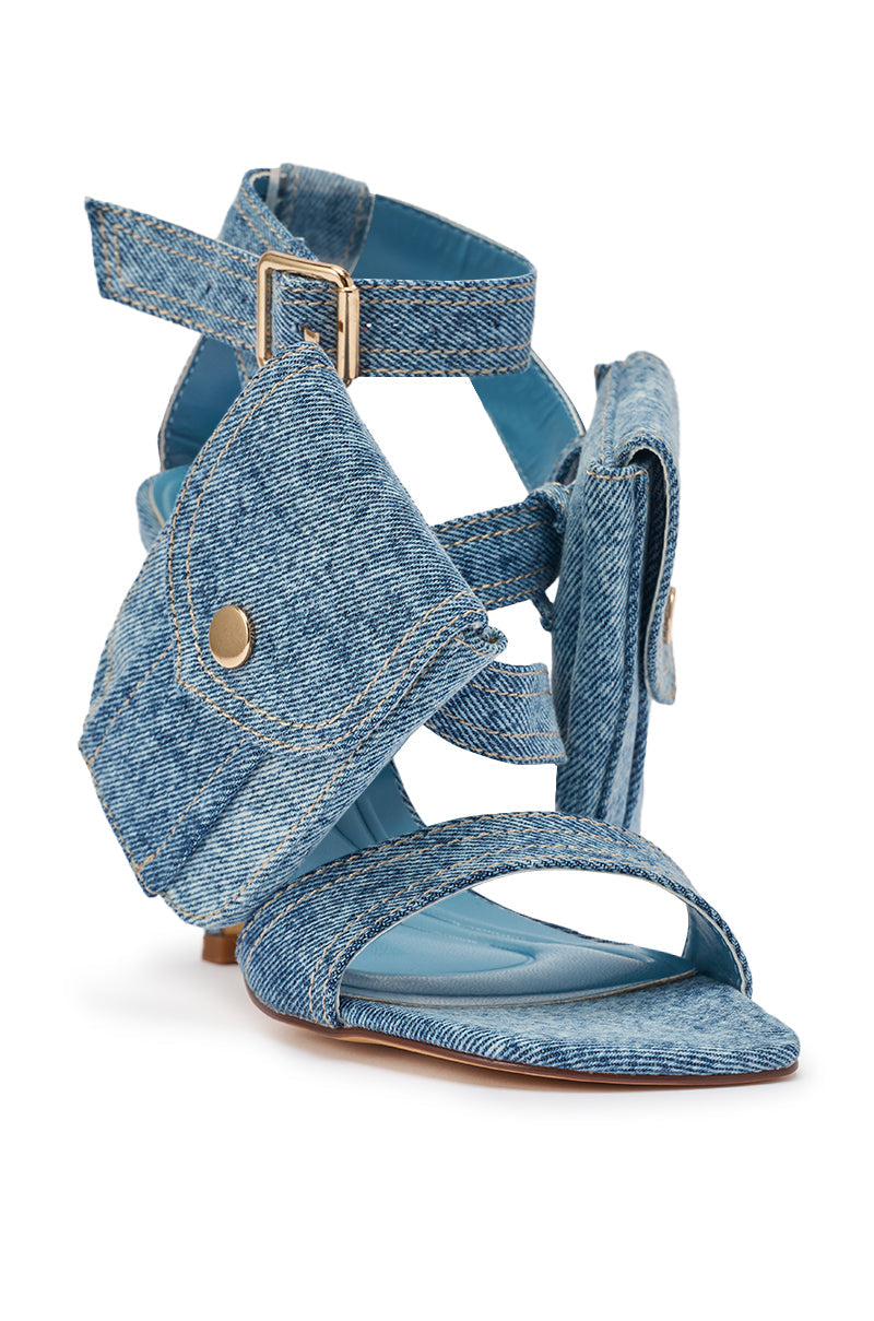 AKIRA GOLD KERSHAW DENIM POCKET STILETTO STRAP SANDAL
