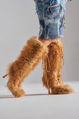 AZALEA WANG LOURDANNE TAN FUR LACE UP STILETTO BOOT