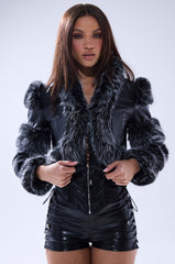 LOVERBOY FAUX FUR MOTO JACKET IN BLACK