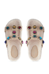 AZALEA WANG LUCIENA BEIGE RHINESTONE AND SHERPA SANDAL
