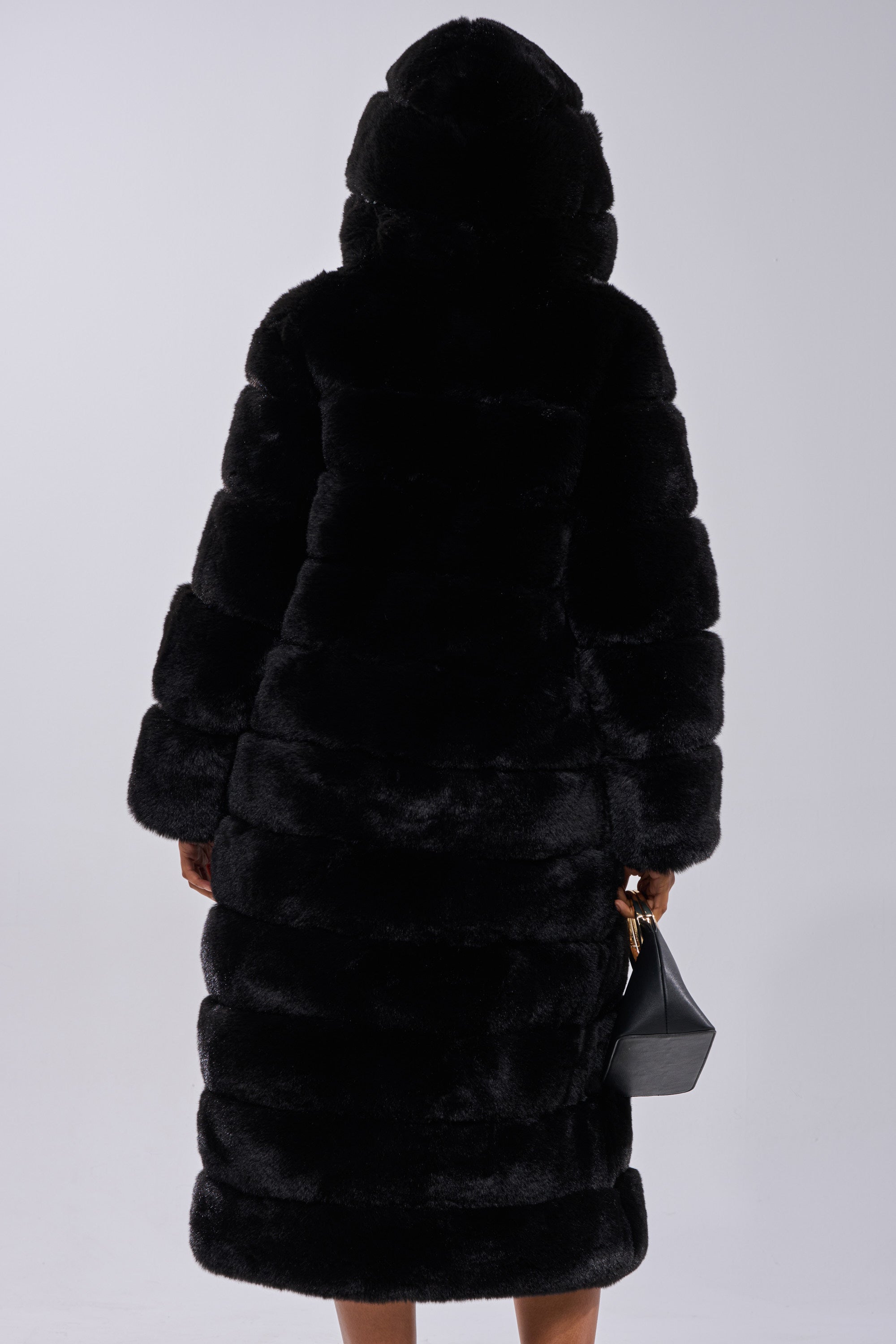 FAUX FUR PANEL HOODED TRENCH IN BLACK