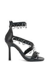 AKIRA GOLD MARQUISE BLACK STILETTO SANDAL WITH RINGS