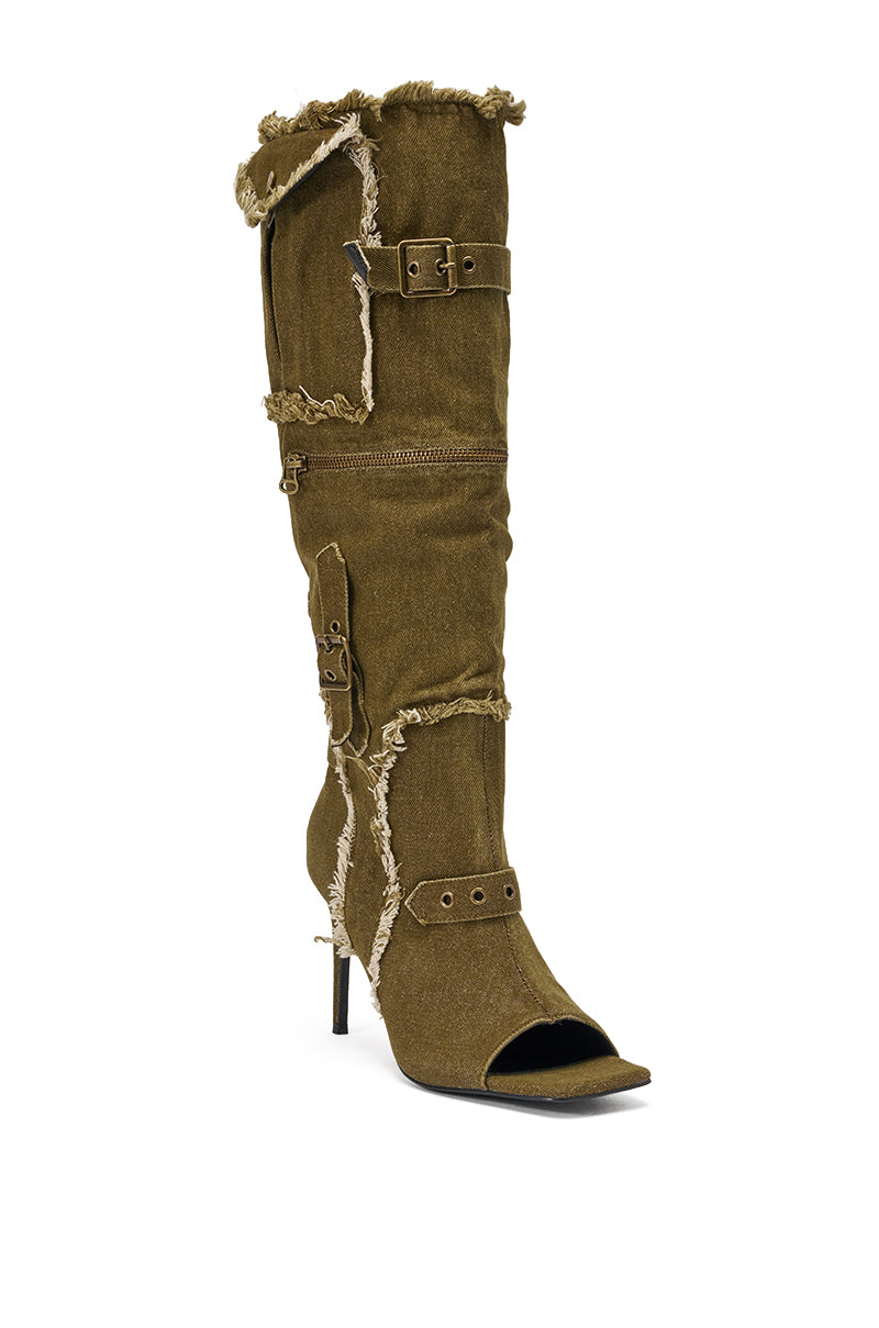 AKIRA GOLD NADAL OLIVE CANVAS OPEN TOE STILETTO BOOTIE