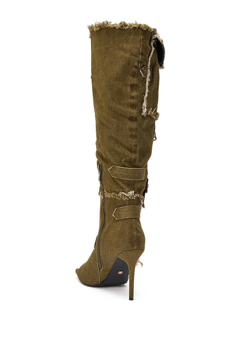 AKIRA GOLD NADAL OLIVE CANVAS OPEN TOE STILETTO BOOTIE