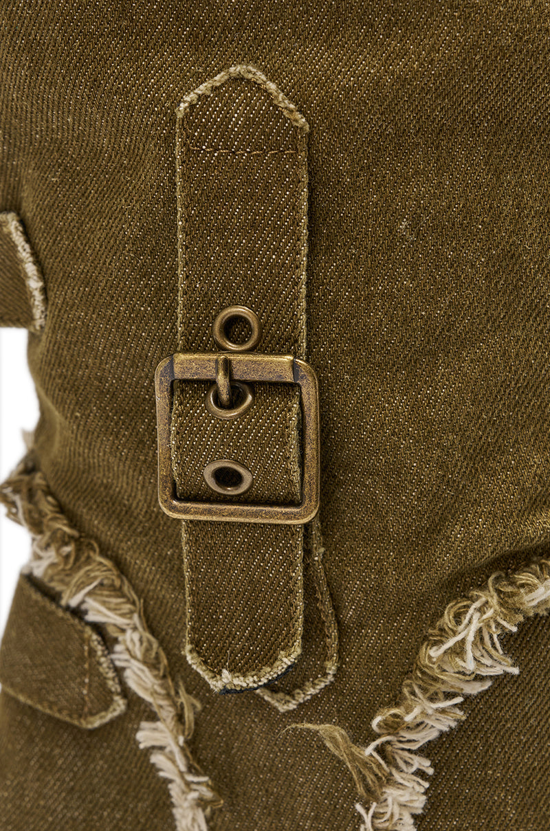 AKIRA GOLD NADAL OLIVE CANVAS OPEN TOE STILETTO BOOTIE