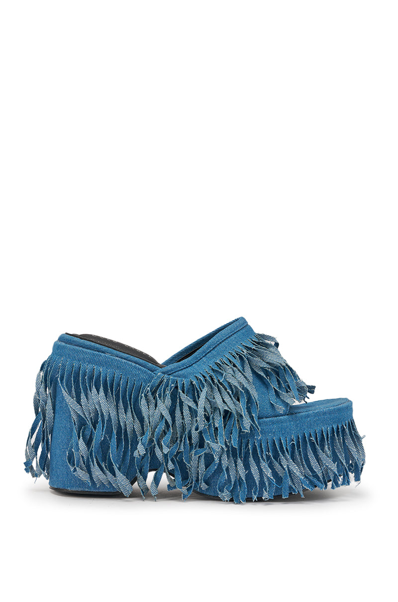 AKIRA GOLD RAMESHA DENIM FRINGE PLATFORM SANDAL