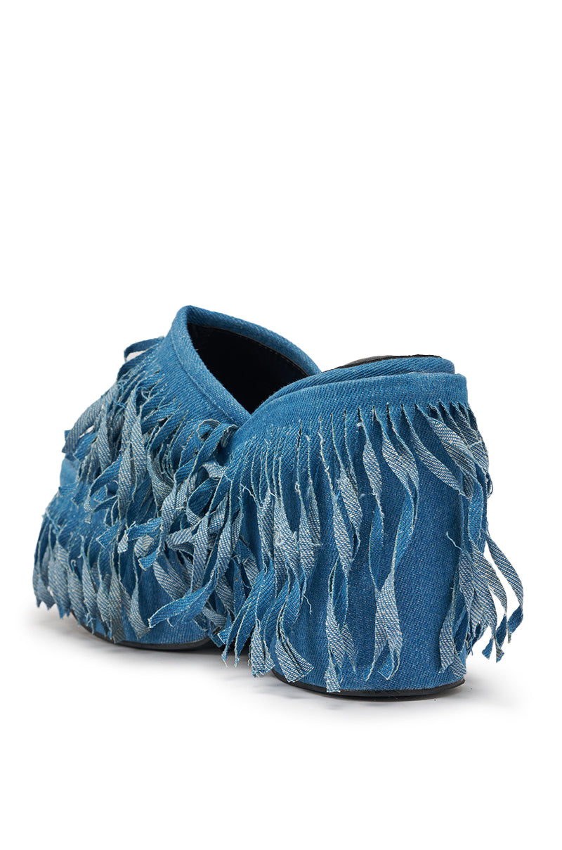 AKIRA GOLD RAMESHA DENIM FRINGE PLATFORM SANDAL