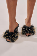 AKIRA GOLD RASHIDA NAVY MULTI WEDGE FUR SANDAL