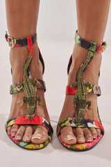 AKIRA GOLD REPTILIAN MULTISATIN STRAP STILETTO SANDAL