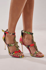 AKIRA GOLD REPTILIAN MULTISATIN STRAP STILETTO SANDAL