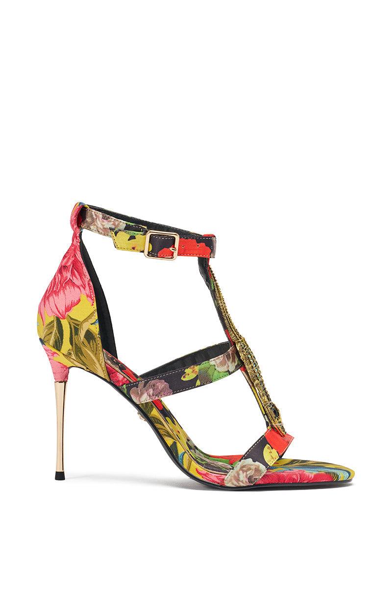 AKIRA GOLD REPTILIAN MULTISATIN STRAP STILETTO SANDAL