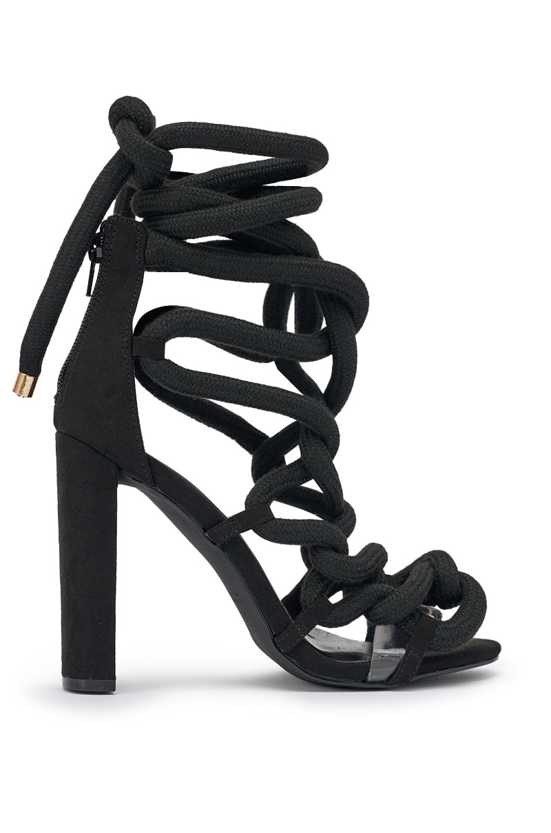 AKIRA GOLD BLACK ROPE STRAP STILETTO SANDAL