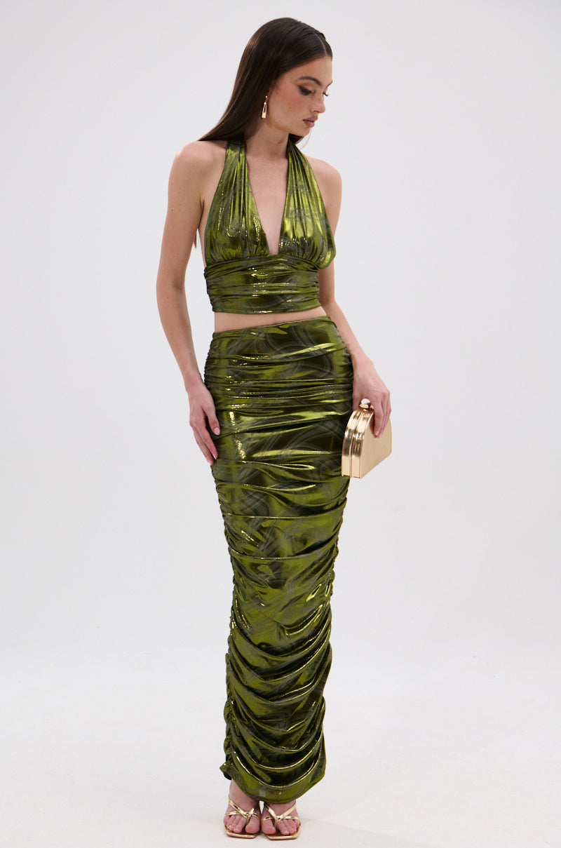 TAYLOR METALLIC HALTER TOP IN GREEN
