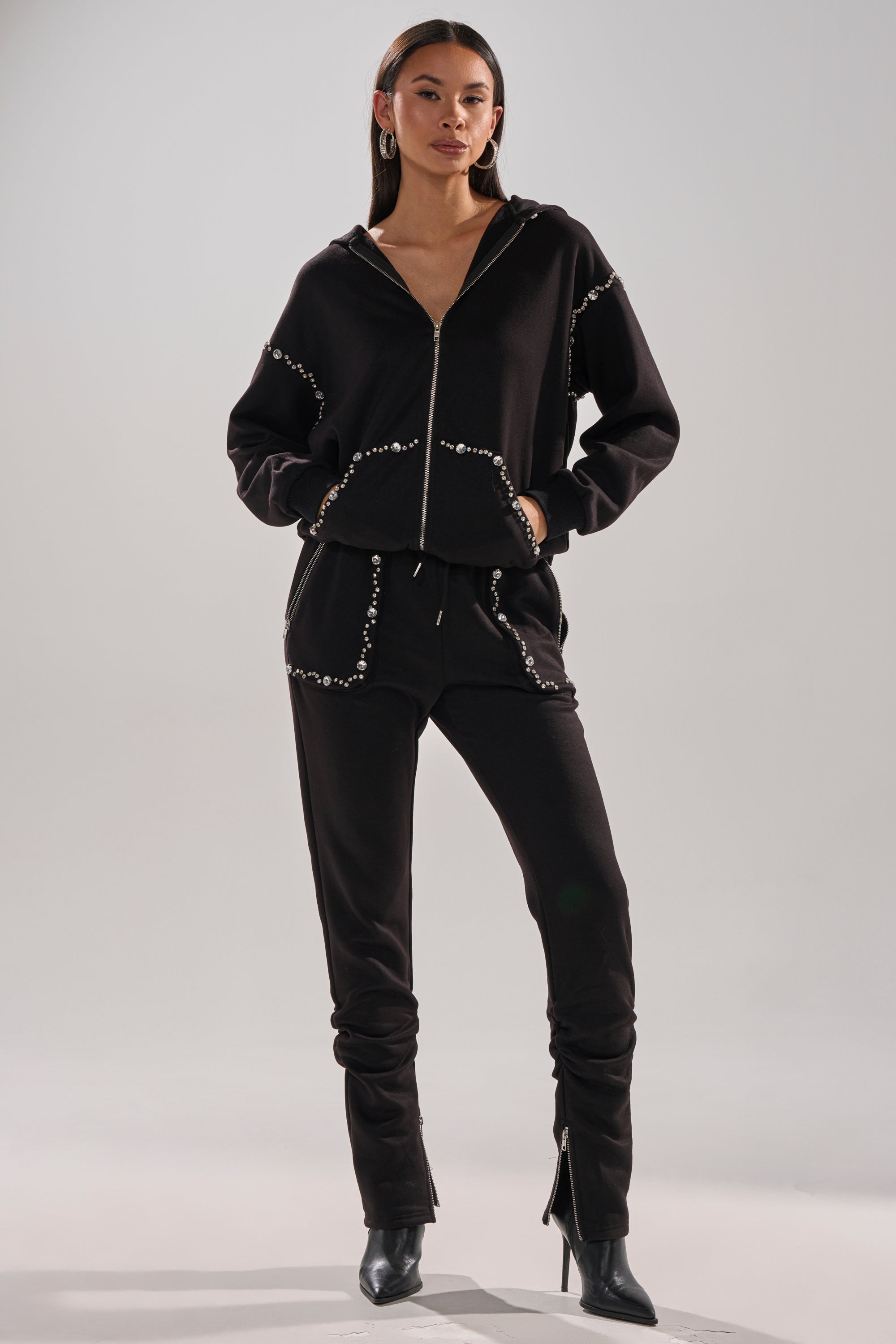 COZY HOLIDAY RHINESTONE ZIP UP SWEATSHIRT IN BLACK