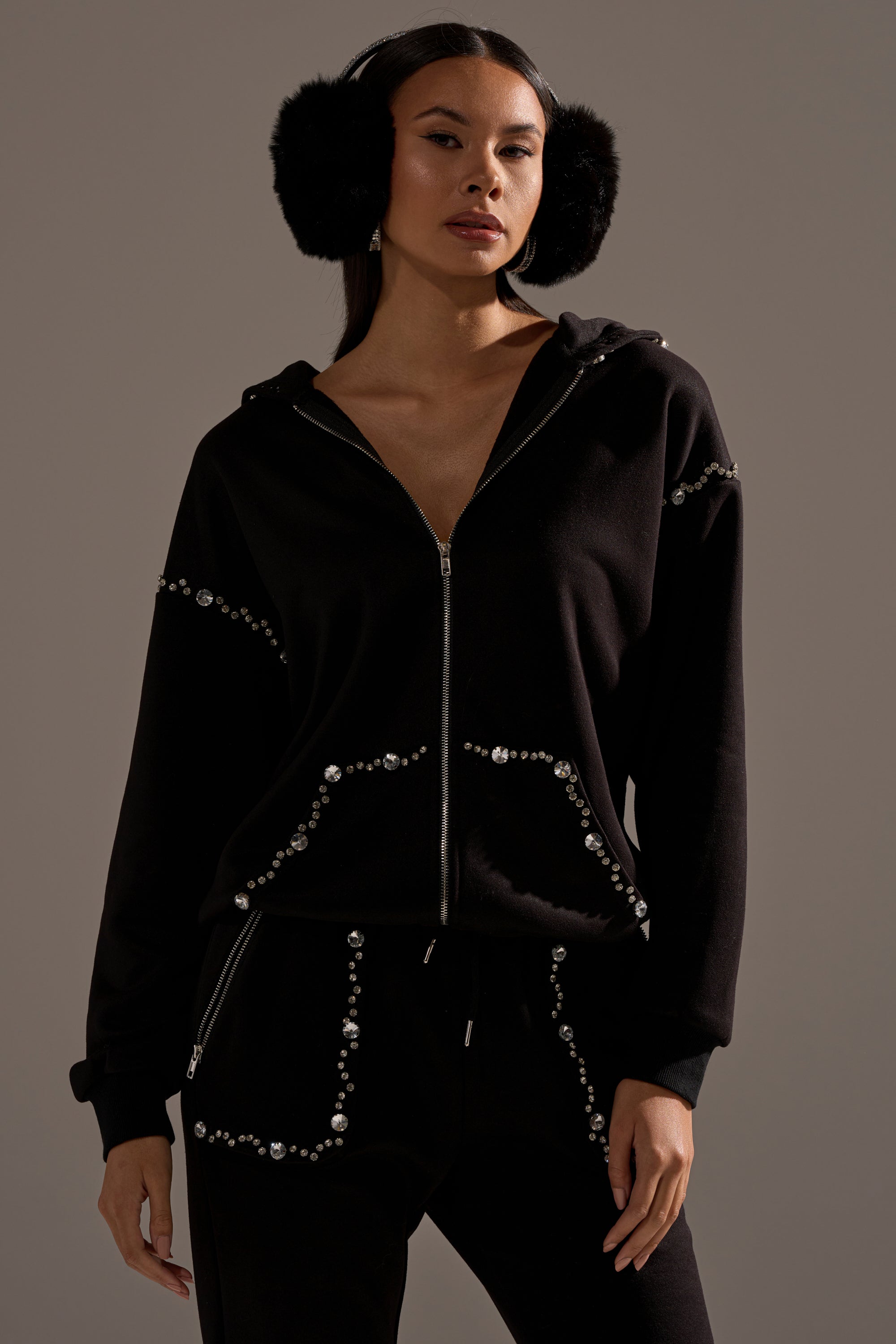 COZY HOLIDAY RHINESTONE ZIP UP SWEATSHIRT IN BLACK