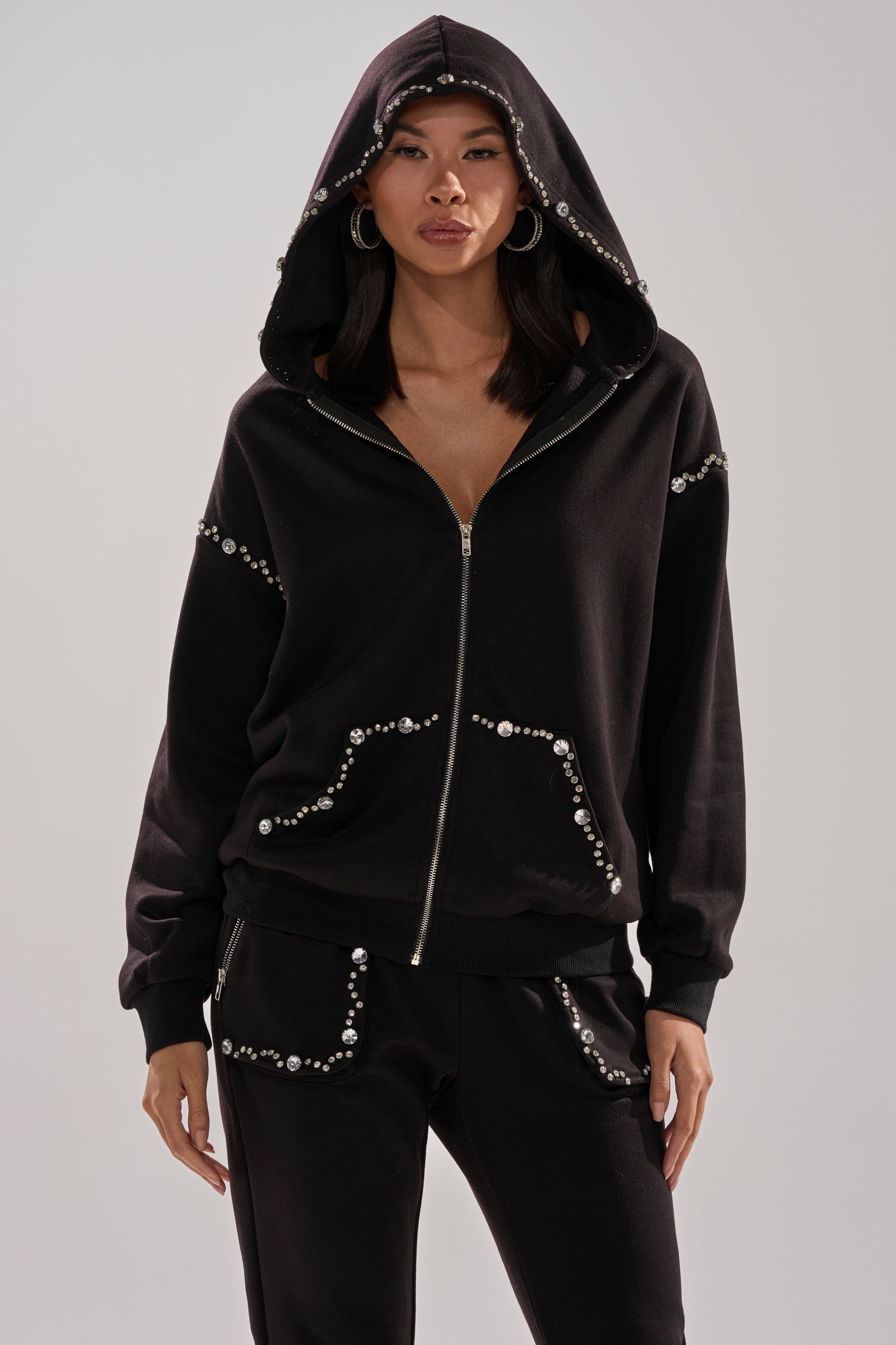 COZY HOLIDAY RHINESTONE ZIP UP SWEATSHIRT IN BLACK