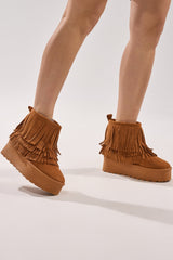 AKIRA BROWN FAUX SUEDE FRINGE BOOTIE