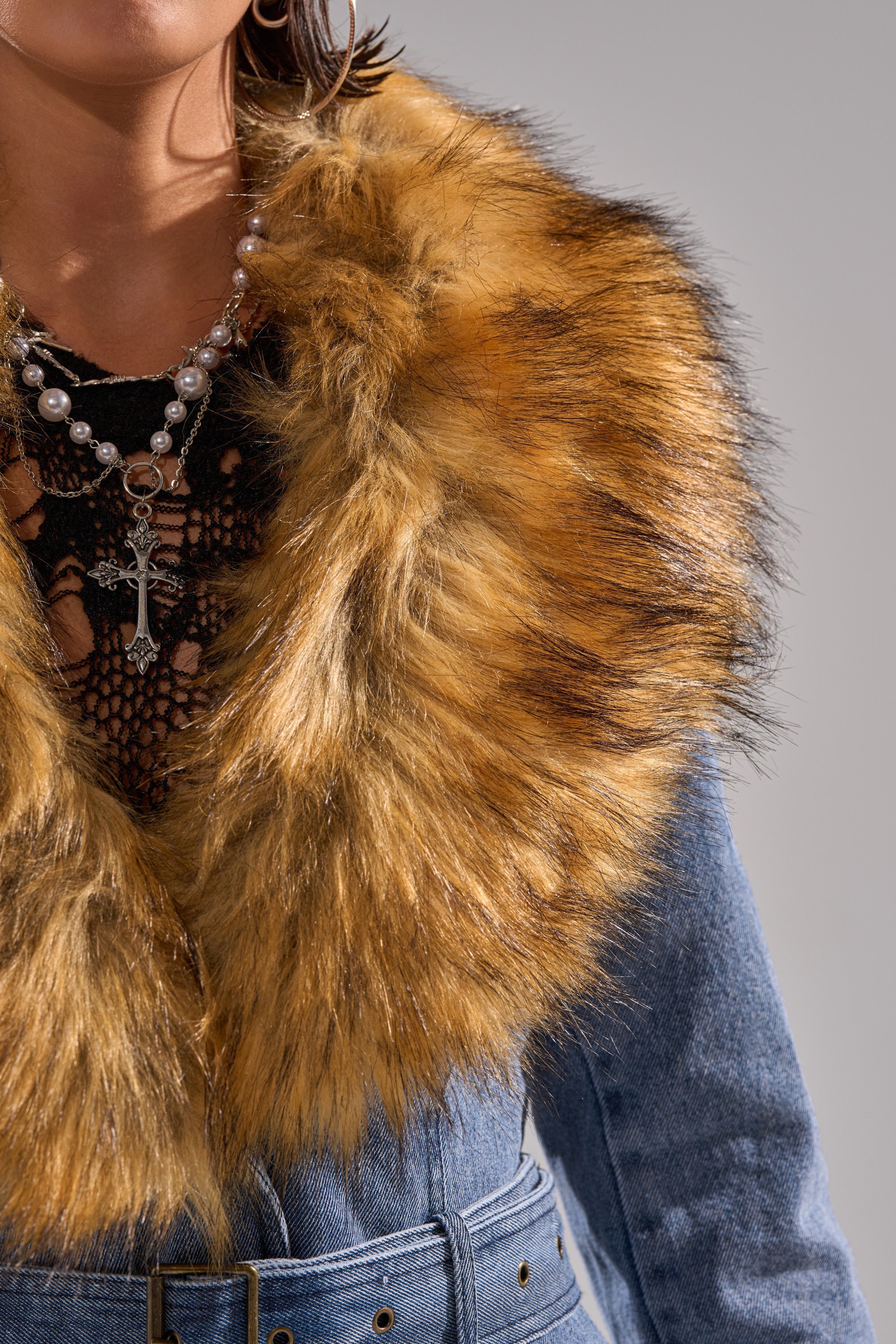 KAYA FUR TRIM DENIM TRENCH