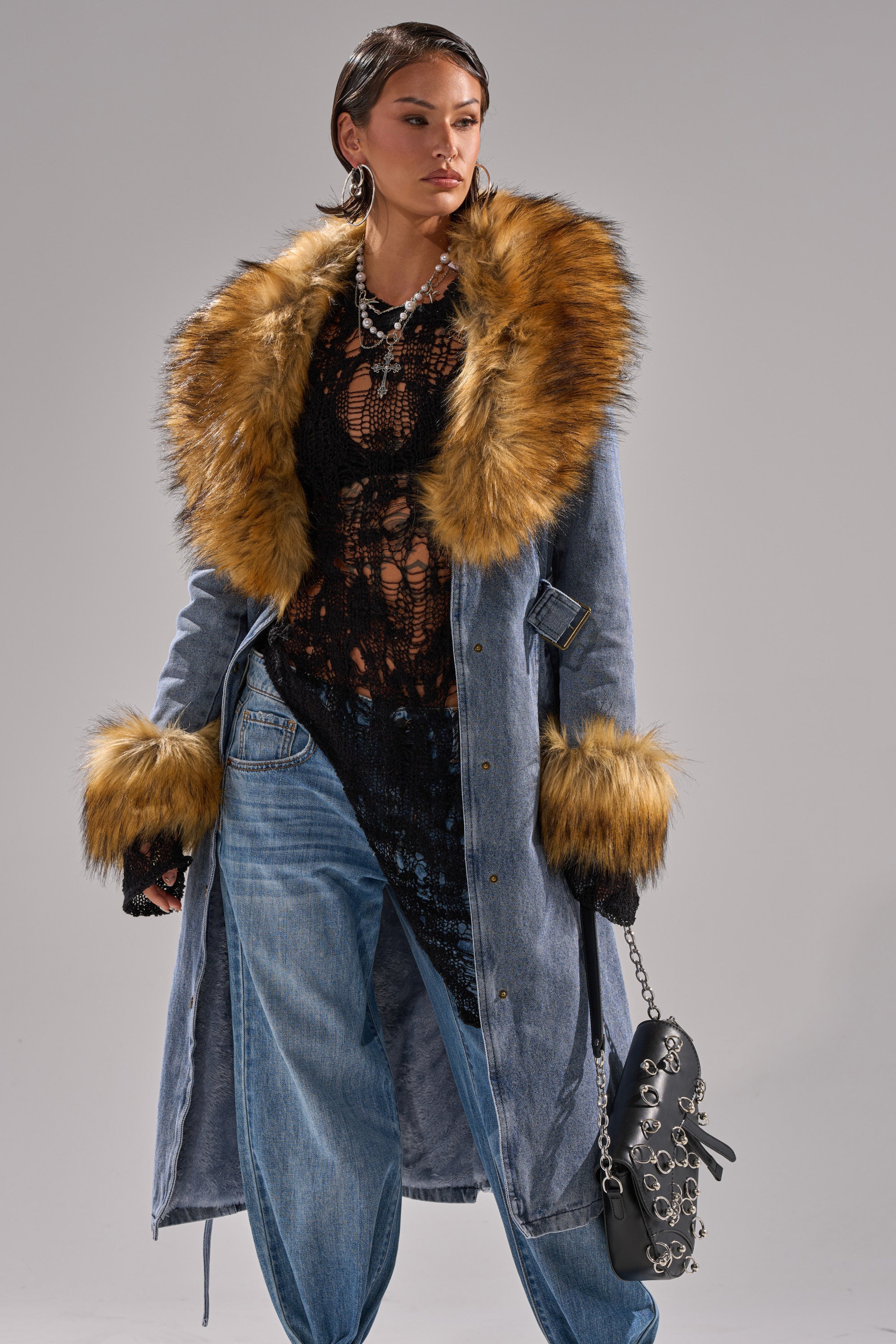 KAYA FUR TRIM DENIM TRENCH