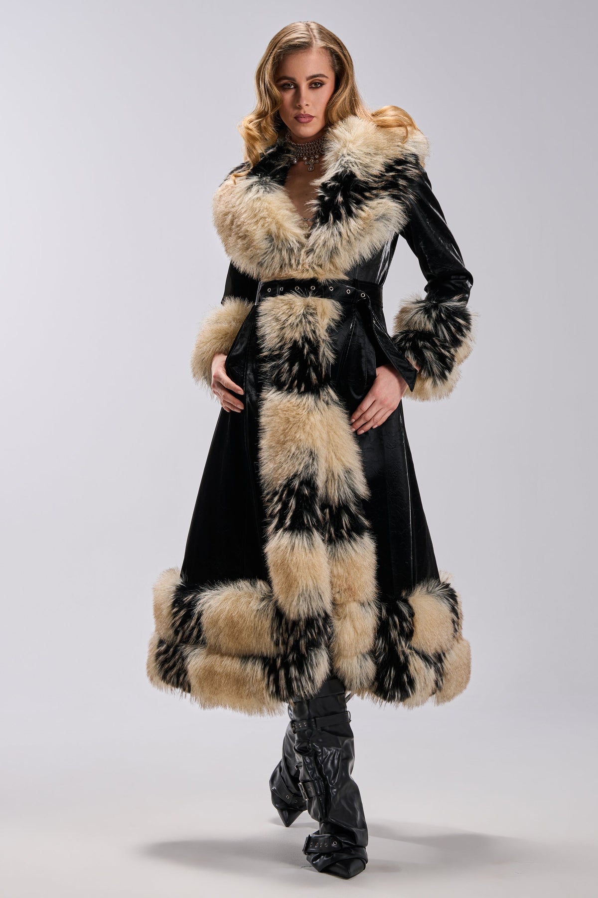 VIVIAN FUR TRIM TRENCH IN LIQUID VELVET
