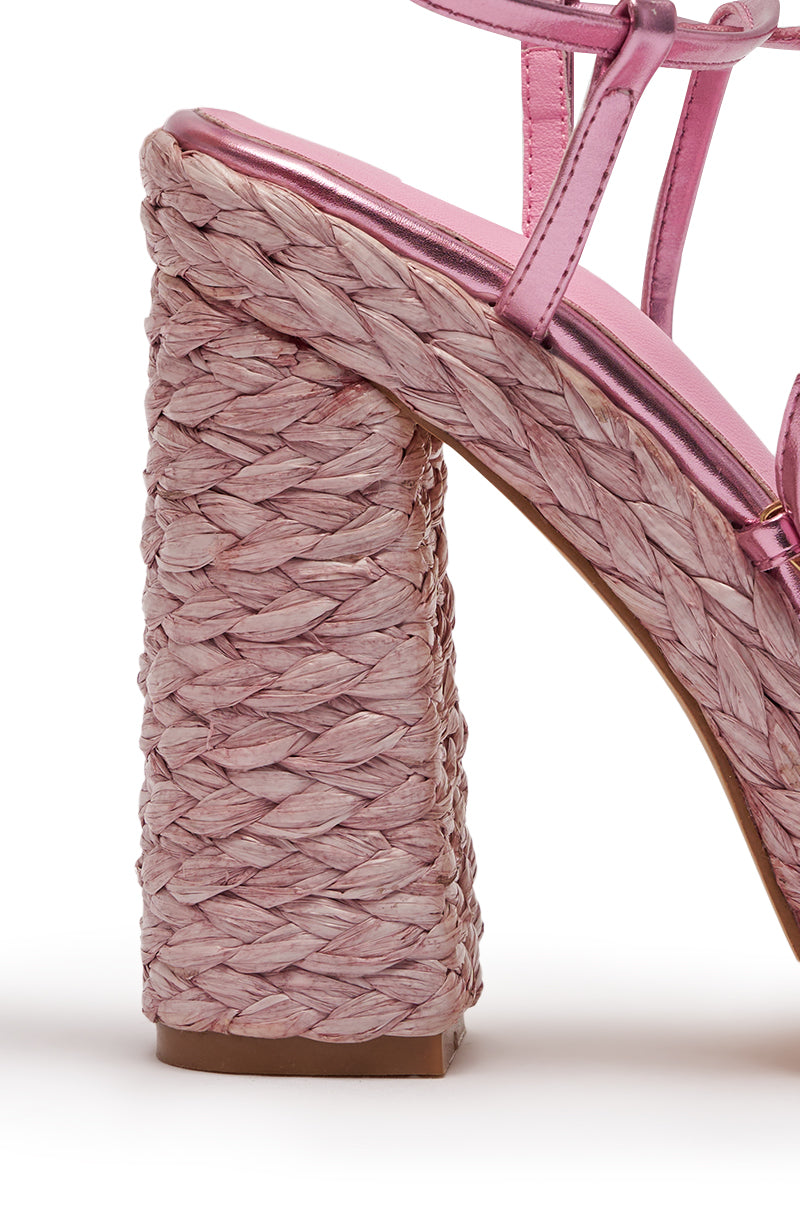 AKIRA GOLD ZAIDEE PINK PLATFORM RAFFIA LACE UP SANDAL