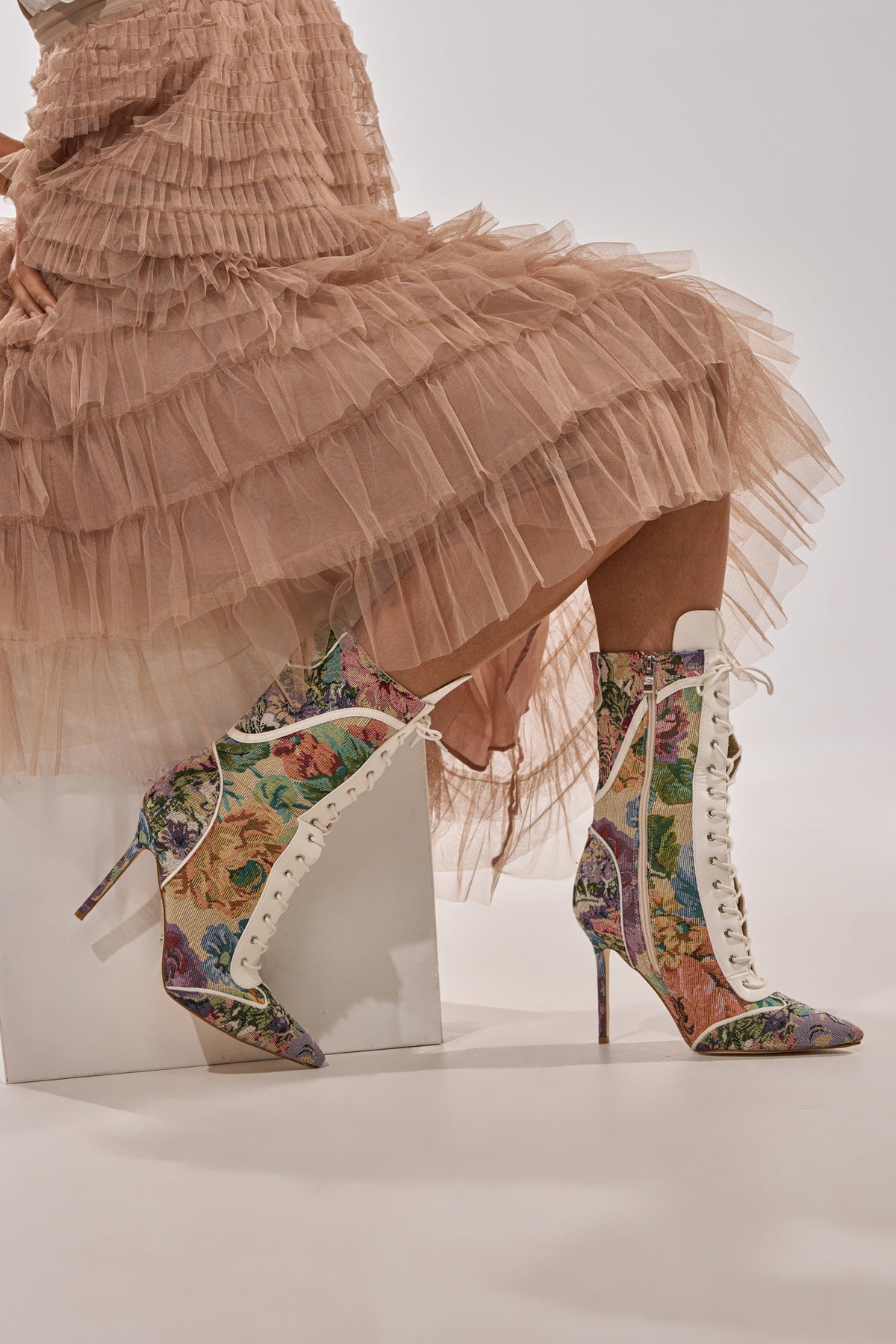 AKIRA GOLD ZOLA MULTI FLORAL STILETTO BOOTIE