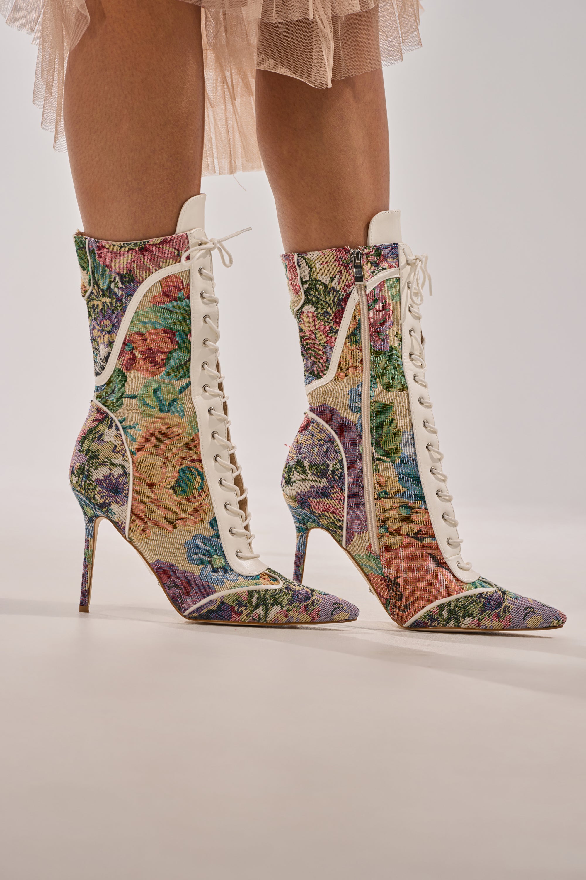 AKIRA GOLD ZOLA MULTI FLORAL STILETTO BOOTIE