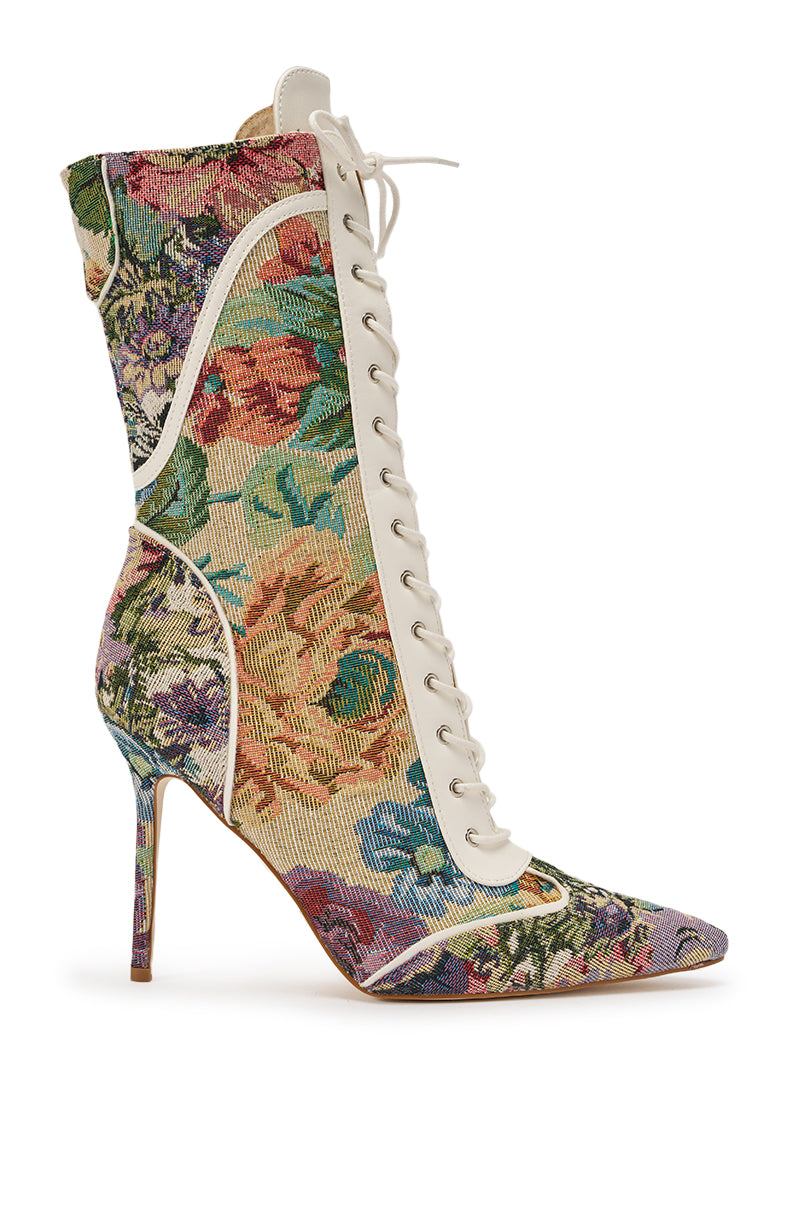 AKIRA GOLD ZOLA MULTI FLORAL STILETTO BOOTIE