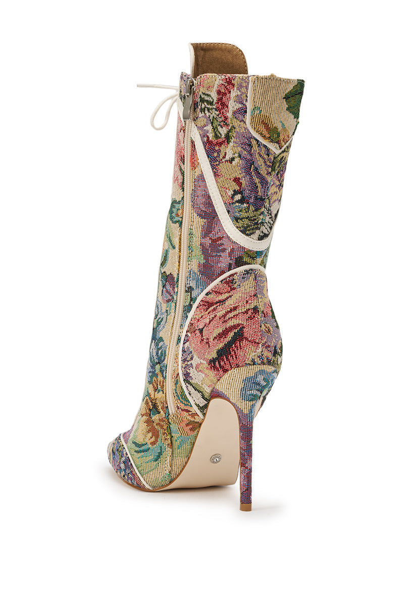 AKIRA GOLD ZOLA MULTI FLORAL STILETTO BOOTIE