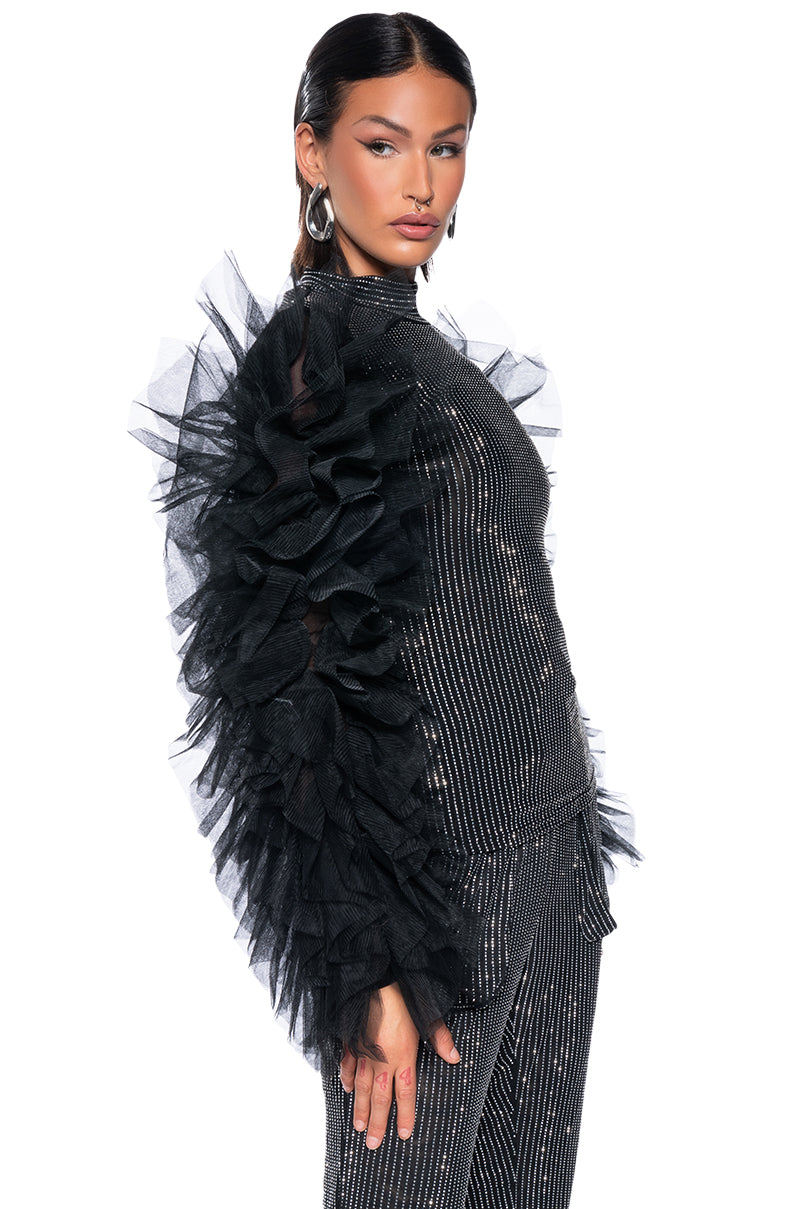 AFTER HOURS RHINESTONE EMBELLISHED TULLE SLEEVE TOP IN BLACK