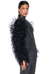 AFTER HOURS RHINESTONE EMBELLISHED TULLE SLEEVE TOP IN BLACK