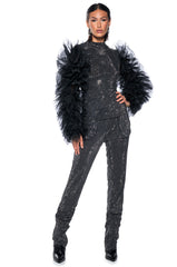 AFTER HOURS RHINESTONE EMBELLISHED TULLE SLEEVE TOP IN BLACK