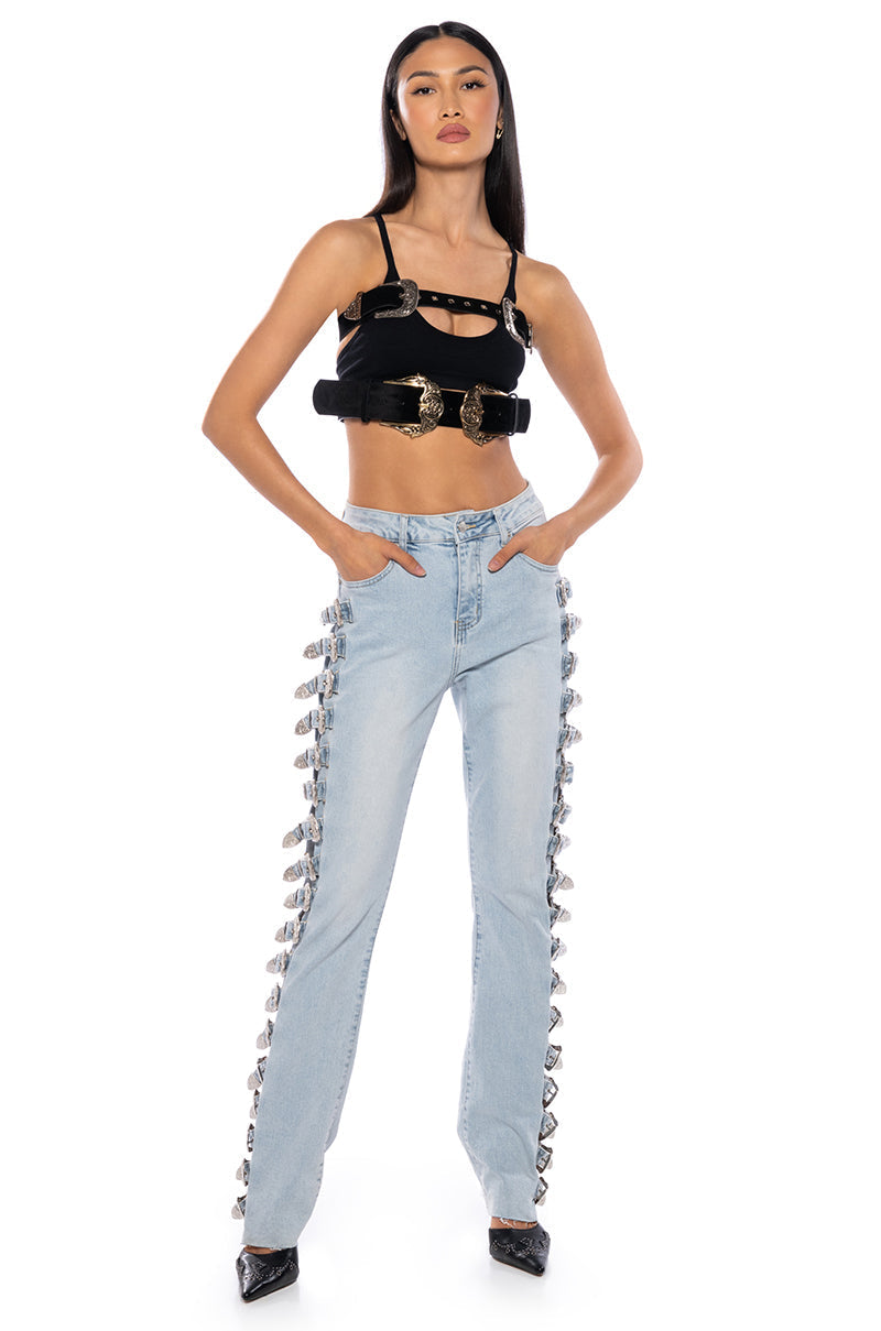ALL ABOUT BUCKLES WIDE LEG JEANS