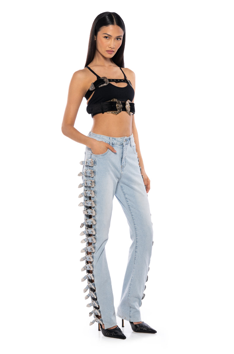 ALL ABOUT BUCKLES WIDE LEG JEANS