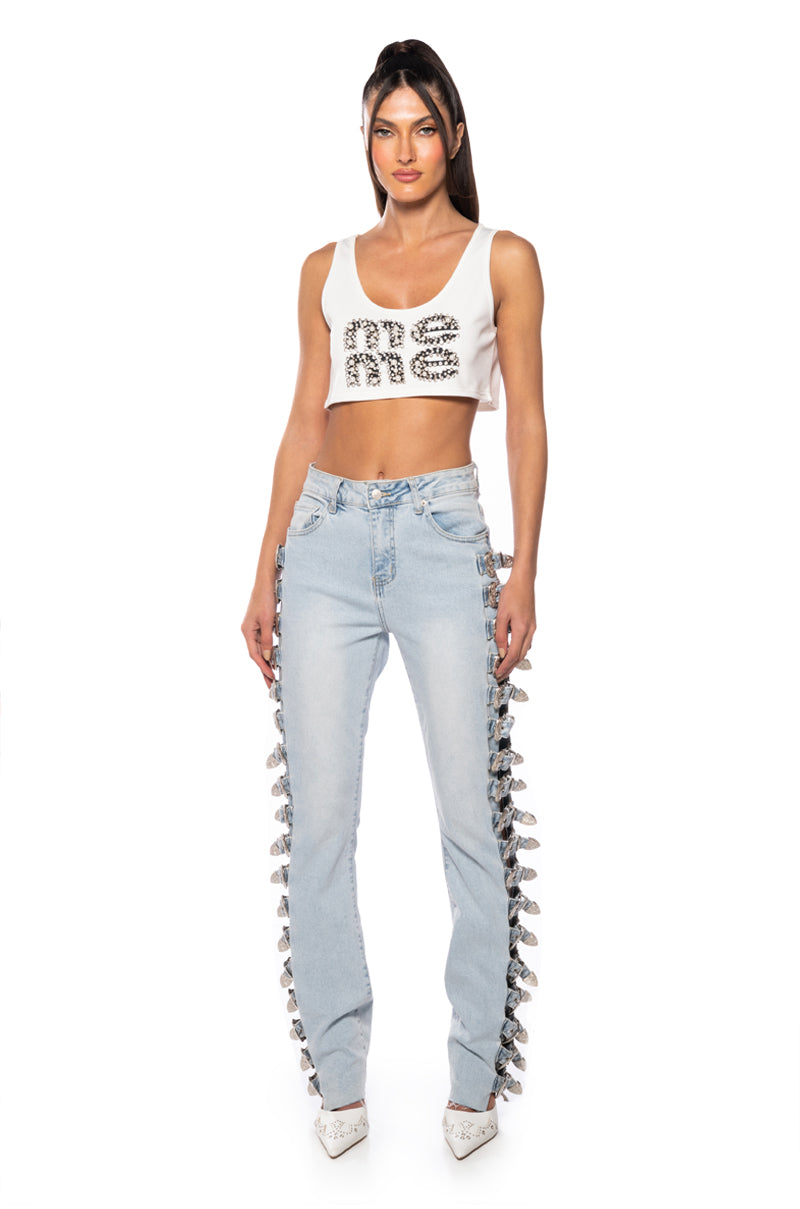 ALL ABOUT BUCKLES WIDE LEG JEANS