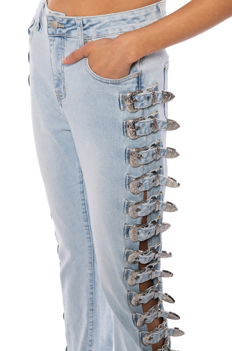 ALL ABOUT BUCKLES WIDE LEG JEANS