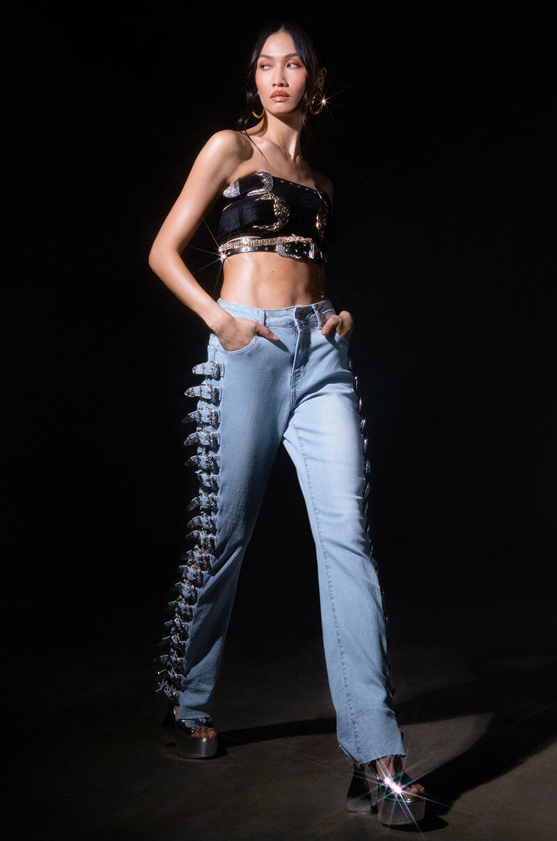 ALL ABOUT BUCKLES WIDE LEG JEANS