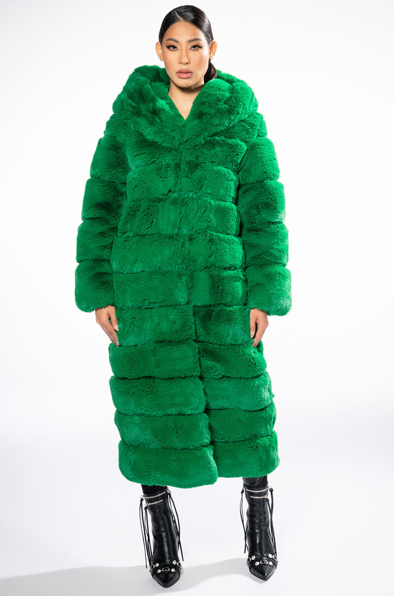 LUXE JENNY FAUX FUR LONG COAT IN GREEN