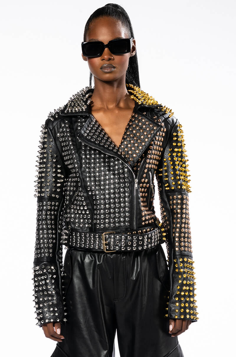 HALF AND HALF GRANDE STUDDED MOTO JACKET