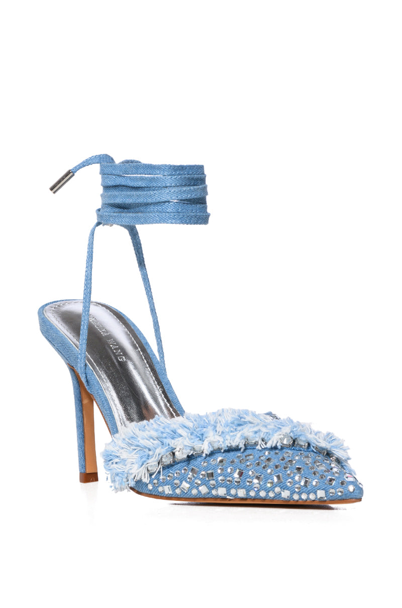 AZALEA WANG RAINI STRAPPY EMBELLISHED PUMP IN DENIM