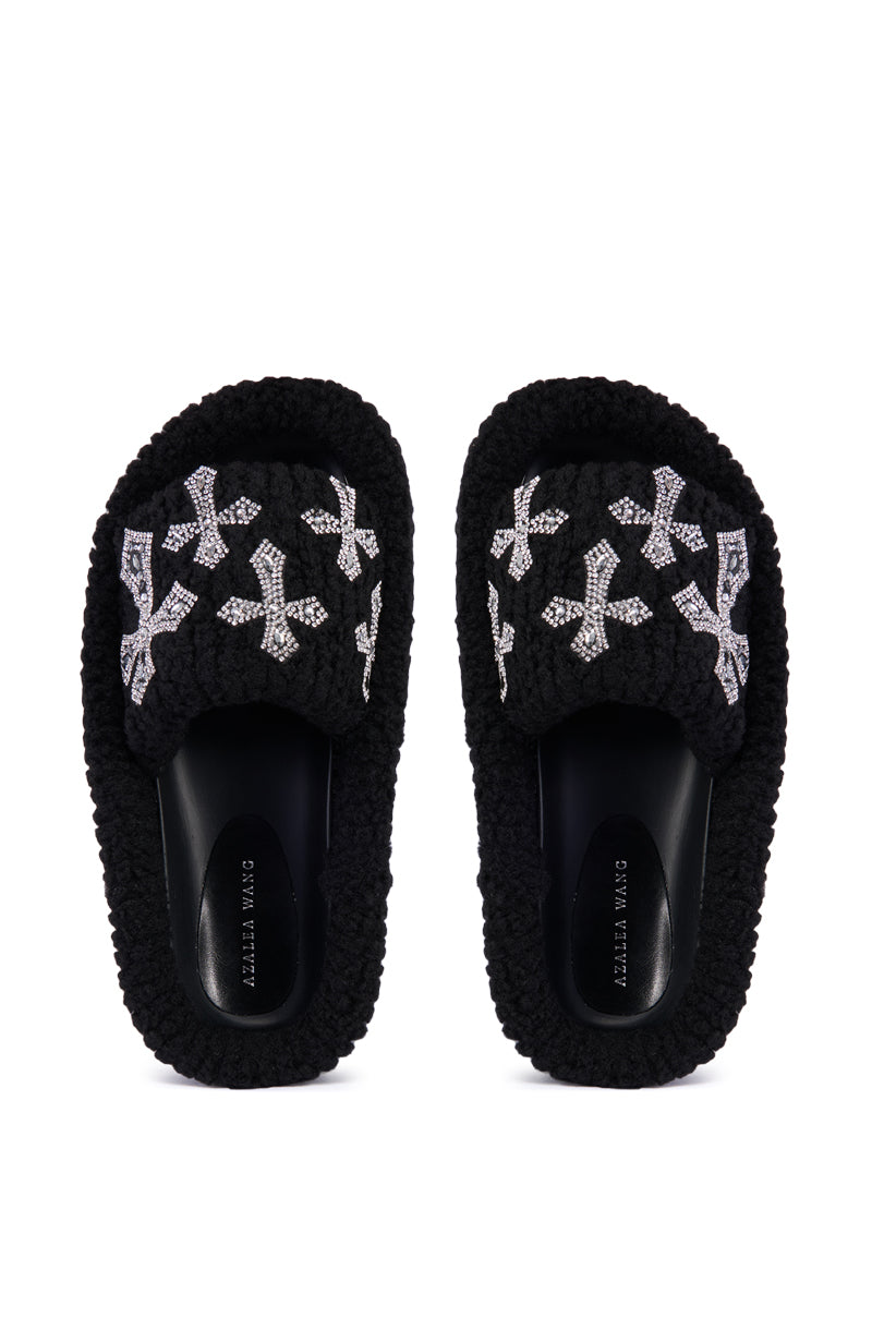 AZALEA WANG SUTTONED BLACK CROSS EMBELLISHED SLIP ON SANDAL