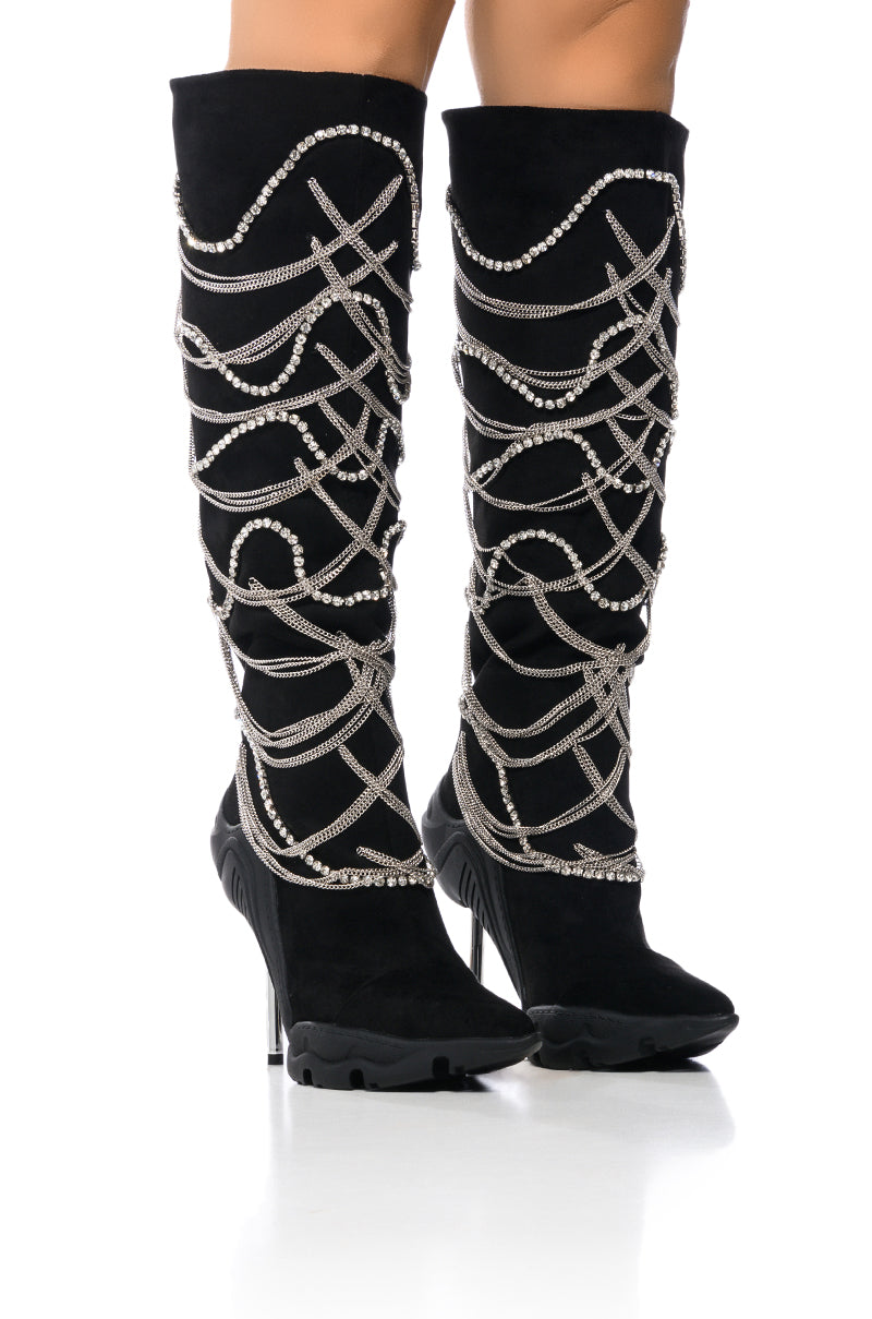 AZALEA WANG TATY BLACK CHAIN EMBELLISHED BOOT